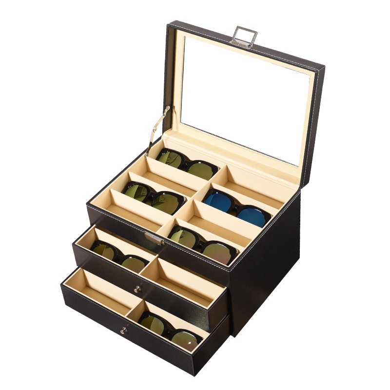 Prillide hoiukarp kaas kattega - mitmekihiline näitusekast 6- ja 8-lahtrilise konfiguratsiooniga, läbipaistev katuseaken, sisemus tiheduspõhja + nahk + flanel