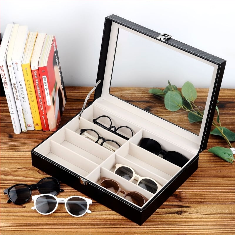 Prillide hoiukarp kaas kattega - mitmekihiline näitusekast 6- ja 8-lahtrilise konfiguratsiooniga, läbipaistev katuseaken, sisemus tiheduspõhja + nahk + flanel