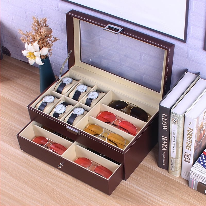 Prillide hoiukarp kaas kattega - mitmekihiline näitusekast 6- ja 8-lahtrilise konfiguratsiooniga, läbipaistev katuseaken, sisemus tiheduspõhja + nahk + flanel