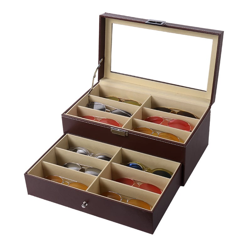 Prillide hoiukarp kaas kattega - mitmekihiline näitusekast 6- ja 8-lahtrilise konfiguratsiooniga, läbipaistev katuseaken, sisemus tiheduspõhja + nahk + flanel