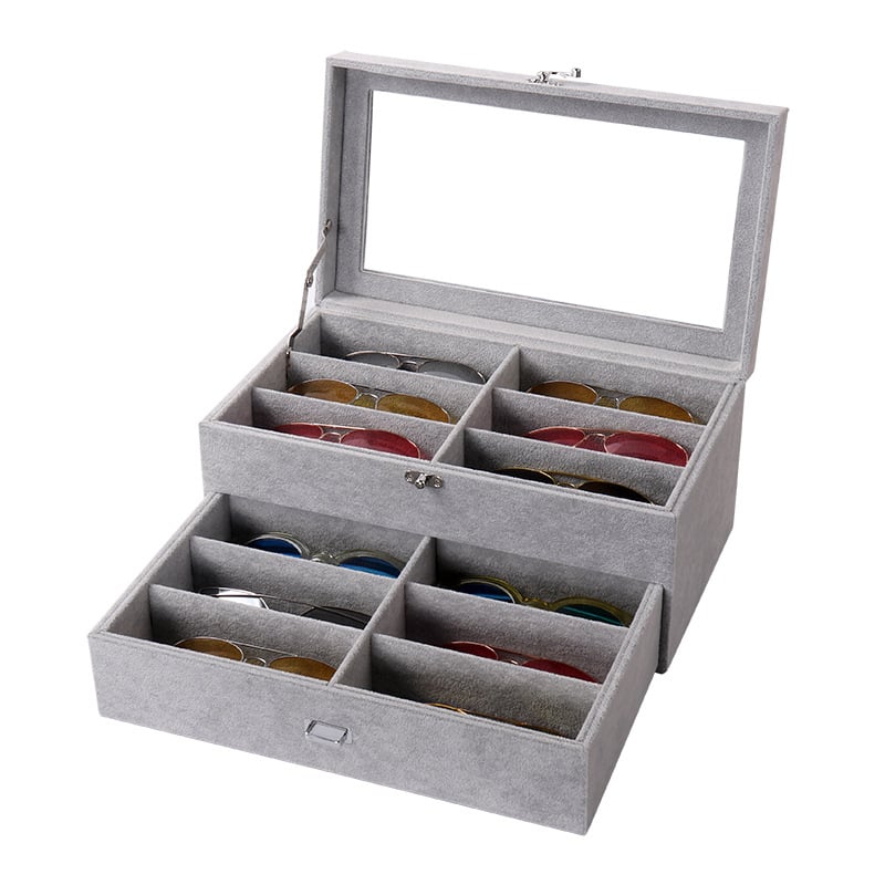 Prillide hoiukarp kaas kattega - mitmekihiline näitusekast 6- ja 8-lahtrilise konfiguratsiooniga, läbipaistev katuseaken, sisemus tiheduspõhja + nahk + flanel