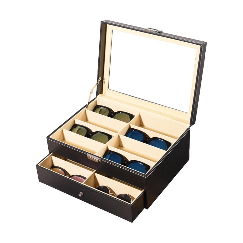 Prillide hoiukarp kaas kattega - mitmekihiline näitusekast 6- ja 8-lahtrilise konfiguratsiooniga, läbipaistev katuseaken, sisemus tiheduspõhja + nahk + flanel