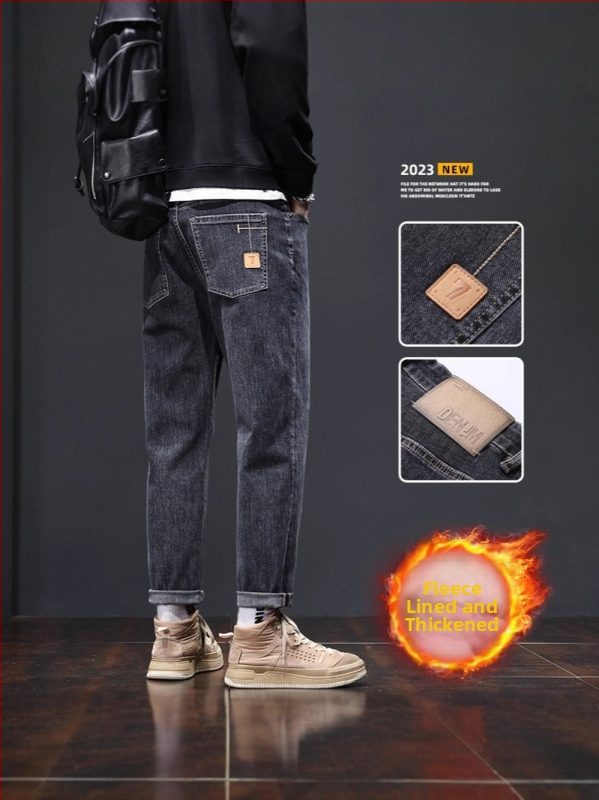 Дънкови панталони с широки крака и подплата от флис – права кройка, средна талия, младежки стил, есен 2025