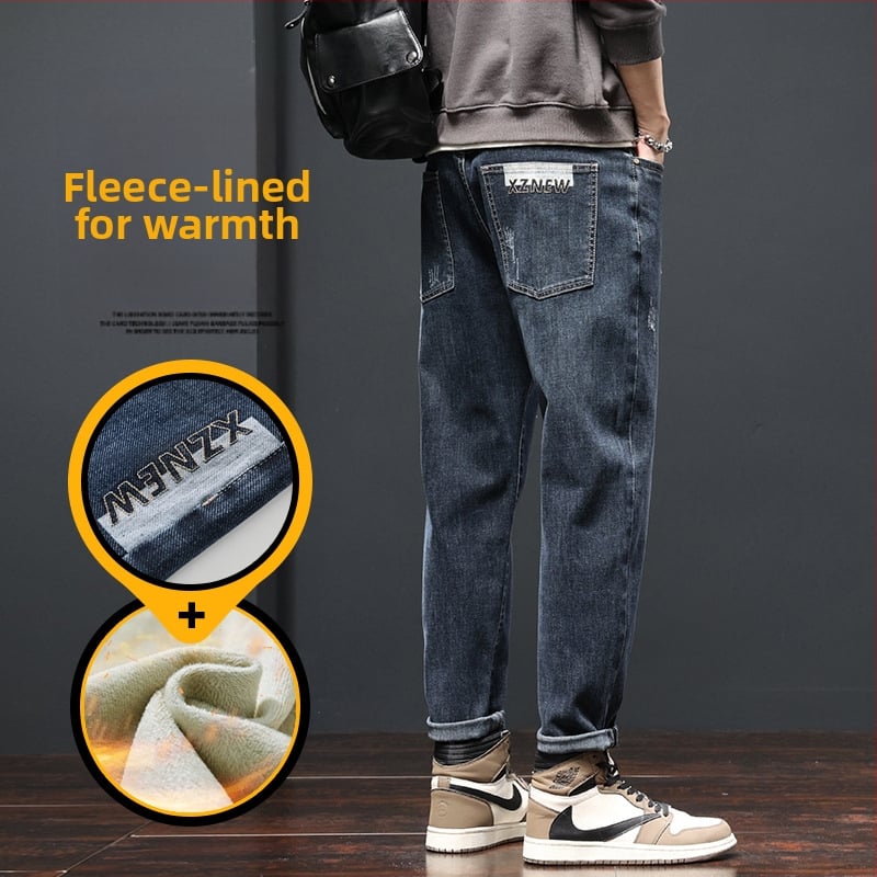 Džinsu platām kājām bikses ar flisa oderi – taisa griezuma, viduklis vidēji, vienkrāsains, jauneklīgs stils, rudens 2025