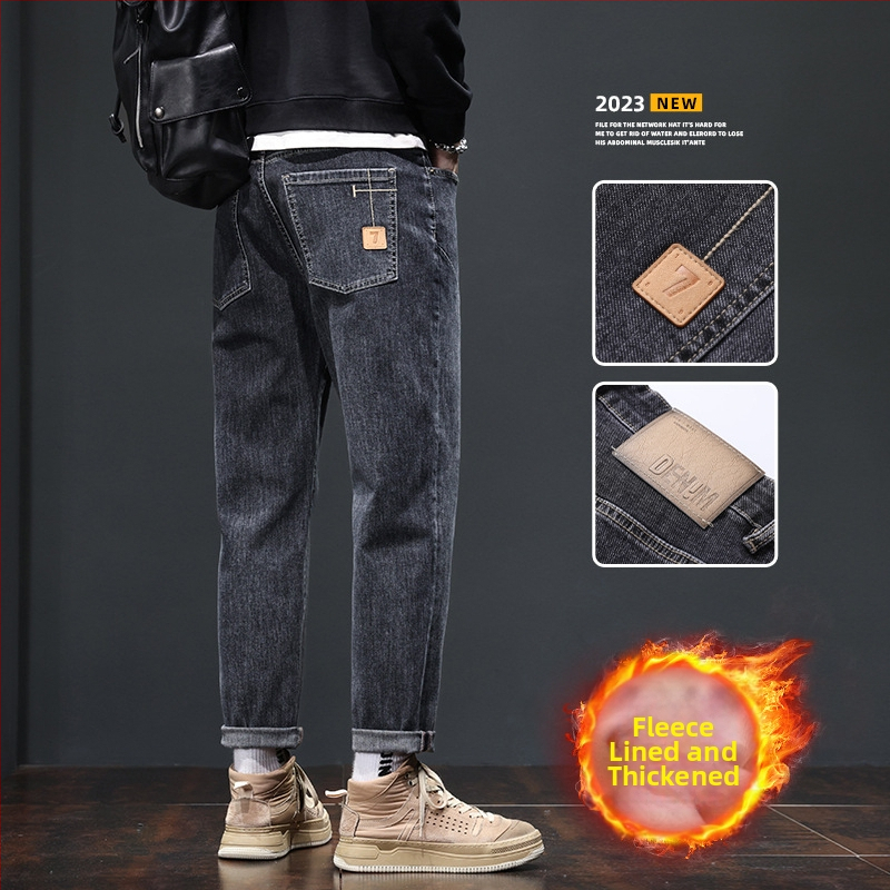 Džinsu platām kājām bikses ar flisa oderi – taisa griezuma, viduklis vidēji, vienkrāsains, jauneklīgs stils, rudens 2025