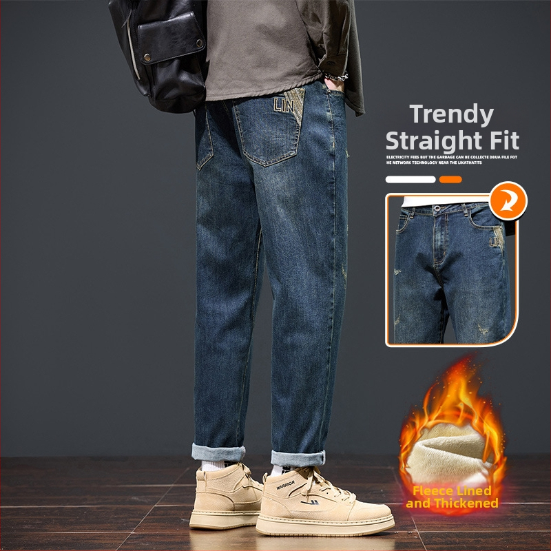 Džinsu platām kājām bikses ar flisa oderi – taisa griezuma, viduklis vidēji, vienkrāsains, jauneklīgs stils, rudens 2025