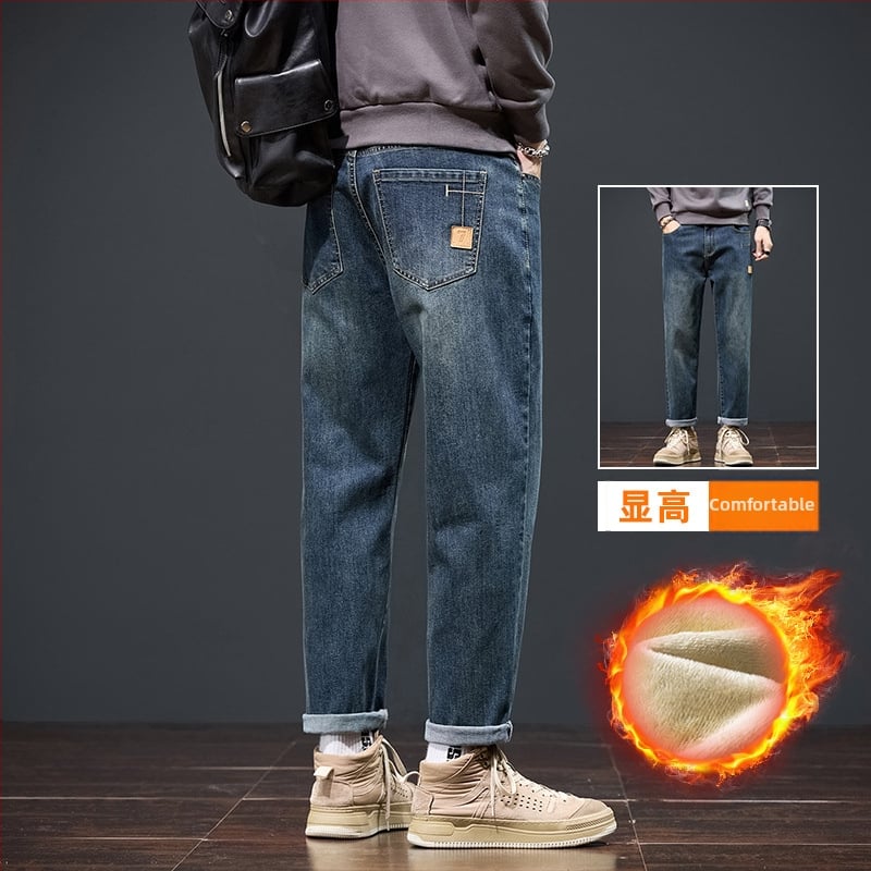 Džinsu platām kājām bikses ar flisa oderi – taisa griezuma, viduklis vidēji, vienkrāsains, jauneklīgs stils, rudens 2025