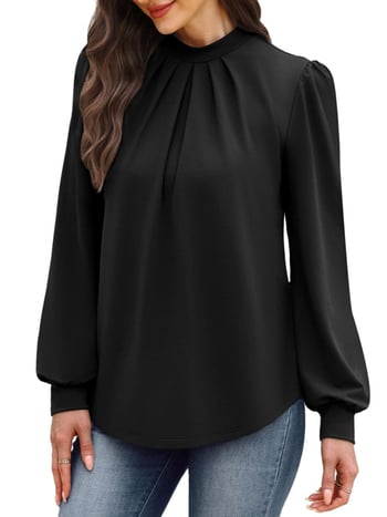 Ilgomis rankovėmis megztinis su mažuoju stovimu kaklu ir klostuotu priekiu, poliesteris, įprasta kirpimo linija, kasdienis stilius