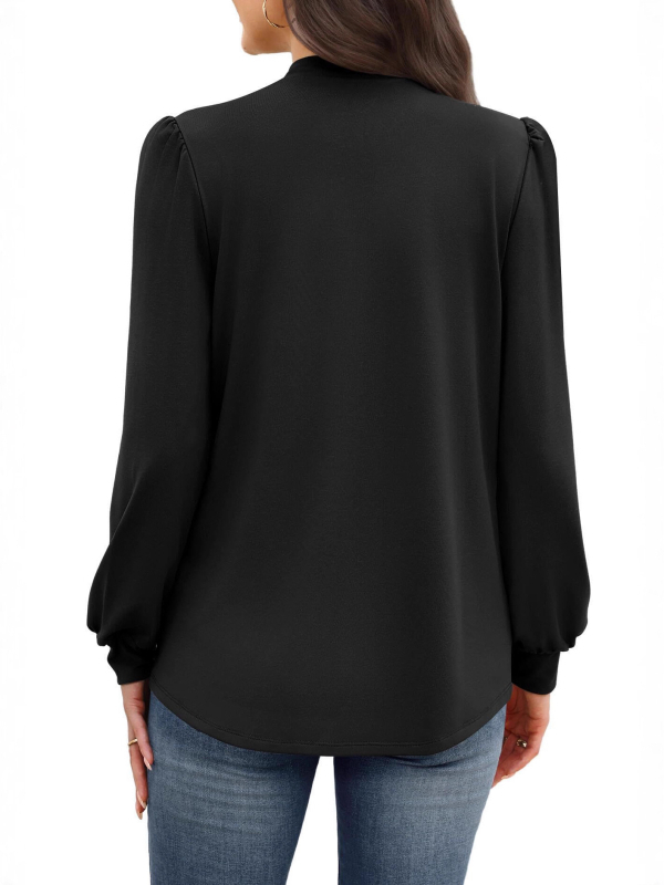 Ilgomis rankovėmis megztinis su mažuoju stovimu kaklu ir klostuotu priekiu, poliesteris, įprasta kirpimo linija, kasdienis stilius