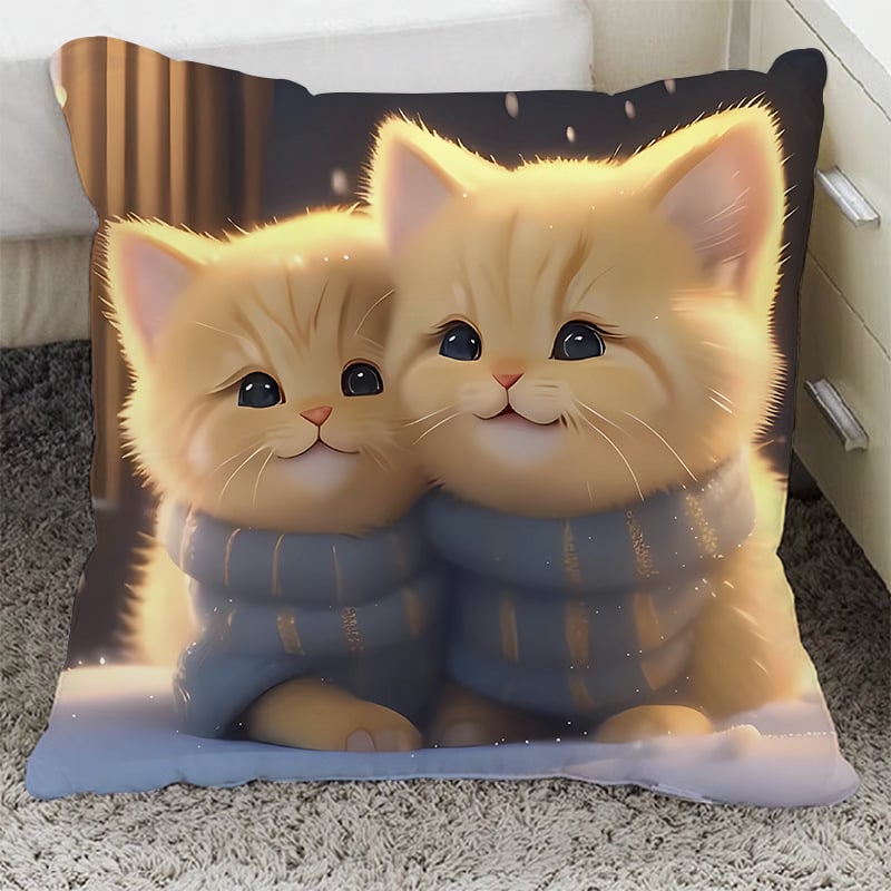 Възглавница с плюшен калъф и пълнеж от PP памук, квадратна форма, котешки дизайн за диван, хол и офис