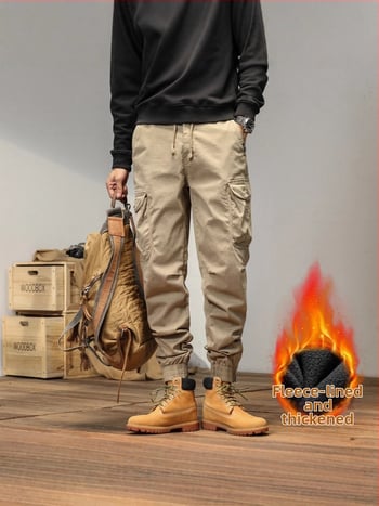 Vīriešu cargo bikses ar taisnu piegriezumu, flīsa odere, kokvilnas maisījuma audums, vidēja jostas vieta, ar vairākām kabatām