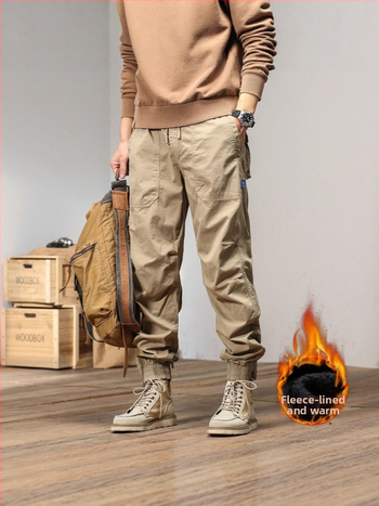 Vīriešu cargo bikses ar taisnu piegriezumu, flīsa odere, kokvilnas maisījuma audums, vidēja jostas vieta, ar vairākām kabatām