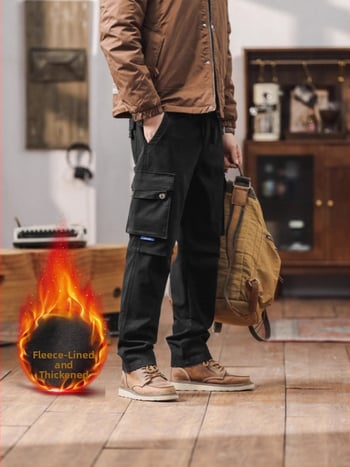 Vīriešu cargo bikses ar taisnu piegriezumu, flīsa odere, kokvilnas maisījuma audums, vidēja jostas vieta, ar vairākām kabatām