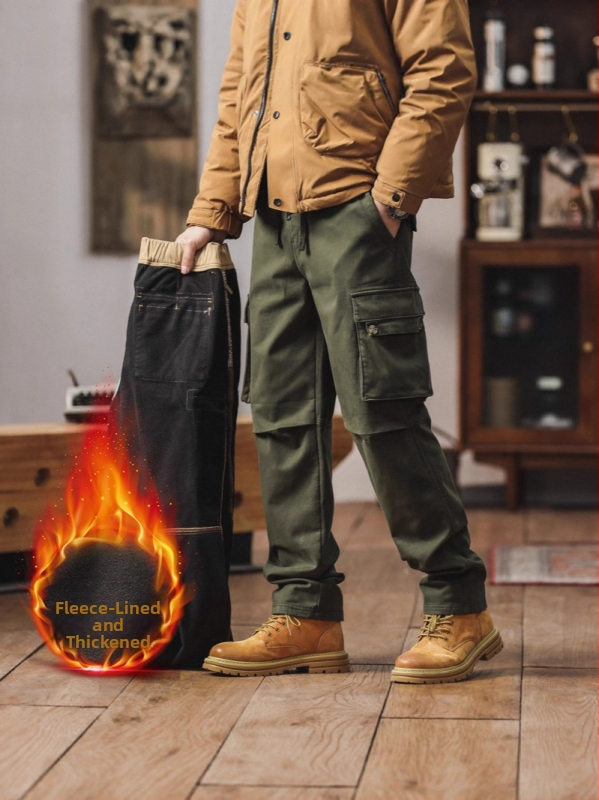 Мъжки карго панталони с права кройка, флисово подплатени, памучно-смесена материя, средна талия и множество джобове