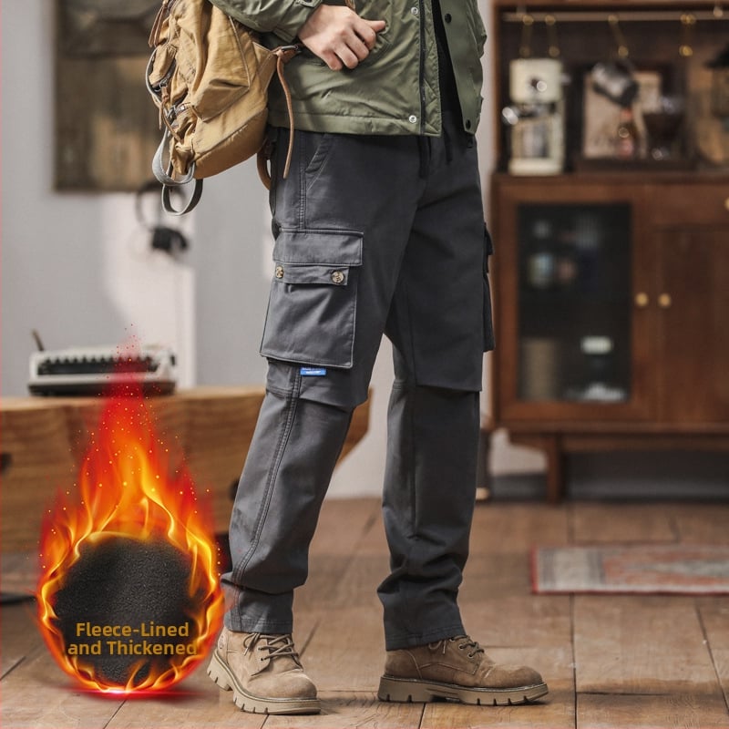 Vīriešu cargo bikses ar taisnu piegriezumu, flīsa odere, kokvilnas maisījuma audums, vidēja jostas vieta, ar vairākām kabatām