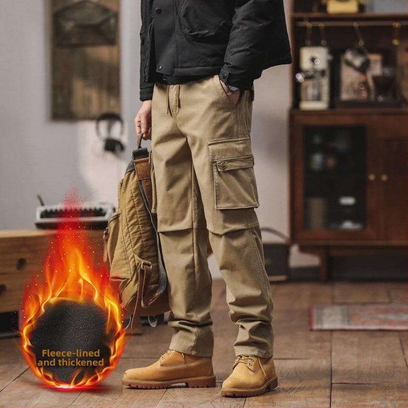 Vīriešu cargo bikses ar taisnu piegriezumu, flīsa odere, kokvilnas maisījuma audums, vidēja jostas vieta, ar vairākām kabatām