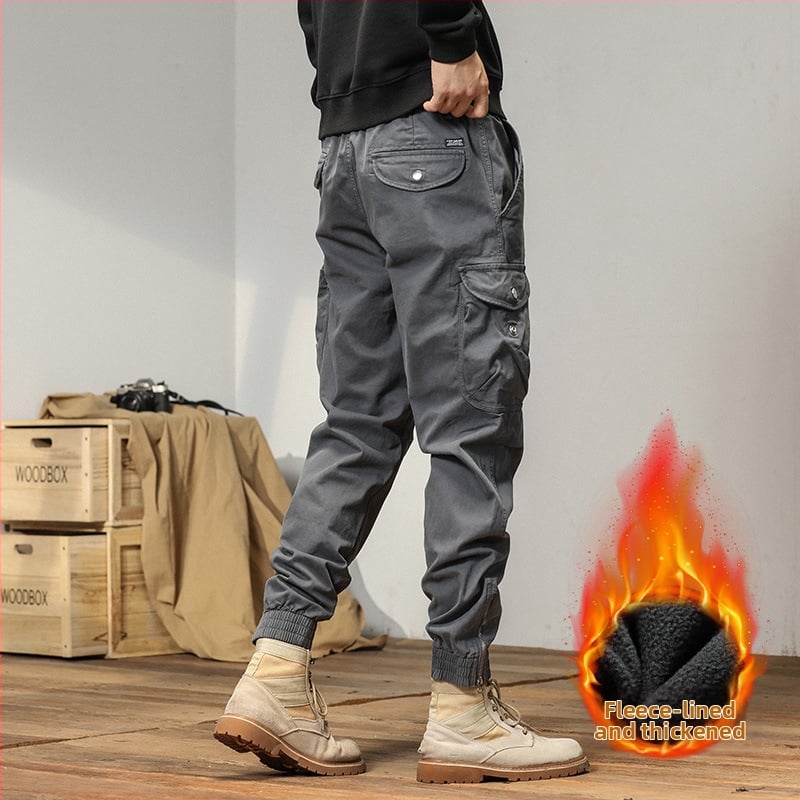 Vīriešu cargo bikses ar taisnu piegriezumu, flīsa odere, kokvilnas maisījuma audums, vidēja jostas vieta, ar vairākām kabatām