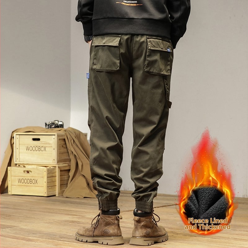 Vīriešu cargo bikses ar taisnu piegriezumu, flīsa odere, kokvilnas maisījuma audums, vidēja jostas vieta, ar vairākām kabatām