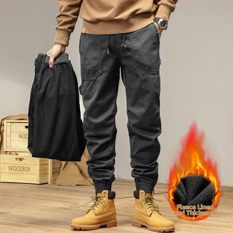 Vīriešu cargo bikses ar taisnu piegriezumu, flīsa odere, kokvilnas maisījuma audums, vidēja jostas vieta, ar vairākām kabatām