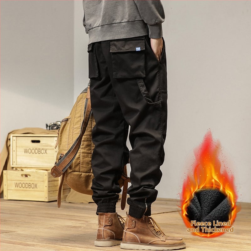 Vīriešu cargo bikses ar taisnu piegriezumu, flīsa odere, kokvilnas maisījuma audums, vidēja jostas vieta, ar vairākām kabatām