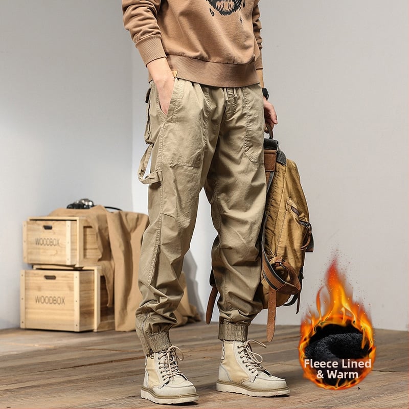 Vīriešu cargo bikses ar taisnu piegriezumu, flīsa odere, kokvilnas maisījuma audums, vidēja jostas vieta, ar vairākām kabatām