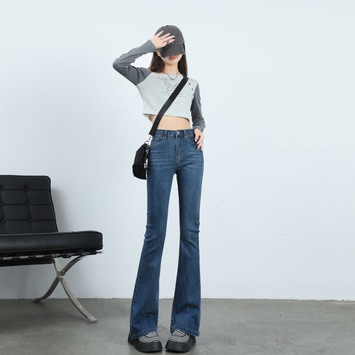 Τζιν από ντένιμ με υψηλή μέση, ελαφρώς φαρδιά γραμμή, με υψηλή ελαστικότητα και επένδυση φλίς για φθινοπωρινό/χειμερινό