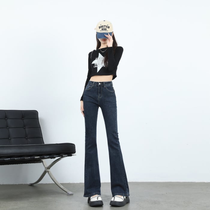 Τζιν από ντένιμ με υψηλή μέση, ελαφρώς φαρδιά γραμμή, με υψηλή ελαστικότητα και επένδυση φλίς για φθινοπωρινό/χειμερινό