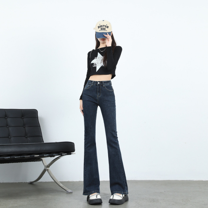 Τζιν από ντένιμ με υψηλή μέση, ελαφρώς φαρδιά γραμμή, με υψηλή ελαστικότητα και επένδυση φλίς για φθινοπωρινό/χειμερινό