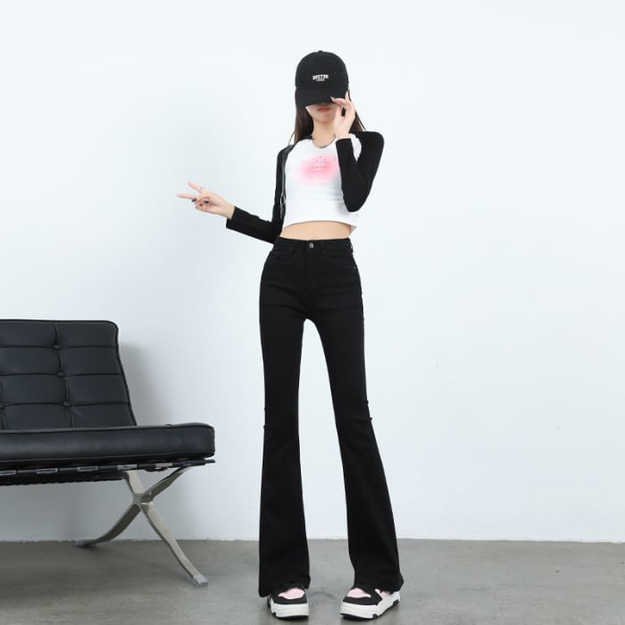 Τζιν από ντένιμ με υψηλή μέση, ελαφρώς φαρδιά γραμμή, με υψηλή ελαστικότητα και επένδυση φλίς για φθινοπωρινό/χειμερινό