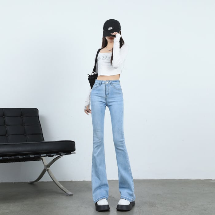 Τζιν από ντένιμ με υψηλή μέση, ελαφρώς φαρδιά γραμμή, με υψηλή ελαστικότητα και επένδυση φλίς για φθινοπωρινό/χειμερινό