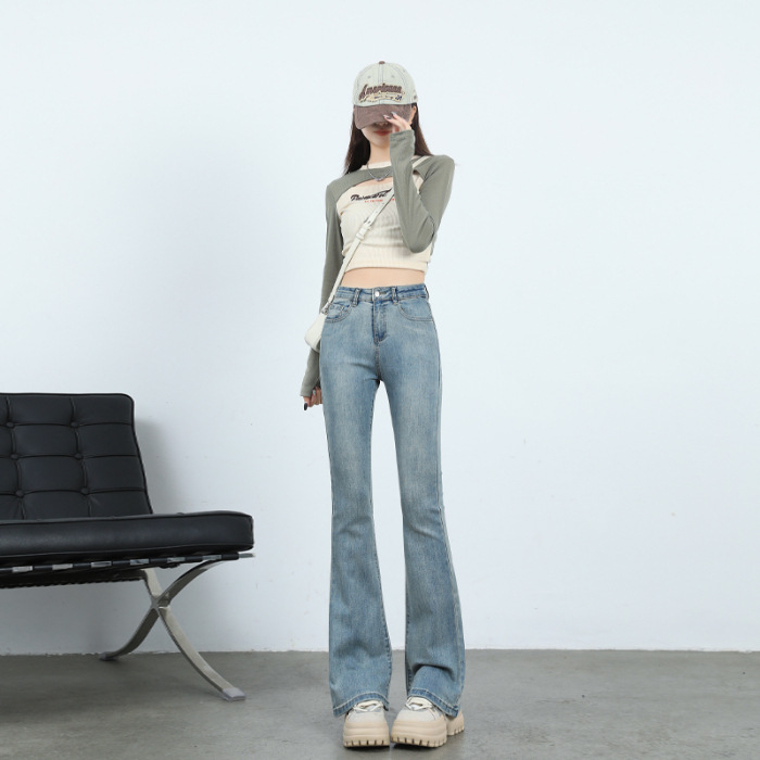 Τζιν από ντένιμ με υψηλή μέση, ελαφρώς φαρδιά γραμμή, με υψηλή ελαστικότητα και επένδυση φλίς για φθινοπωρινό/χειμερινό