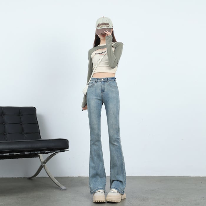 Τζιν από ντένιμ με υψηλή μέση, ελαφρώς φαρδιά γραμμή, με υψηλή ελαστικότητα και επένδυση φλίς για φθινοπωρινό/χειμερινό