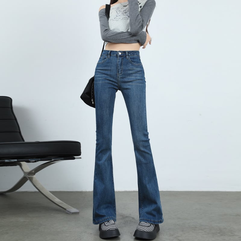 Τζιν από ντένιμ με υψηλή μέση, ελαφρώς φαρδιά γραμμή, με υψηλή ελαστικότητα και επένδυση φλίς για φθινοπωρινό/χειμερινό