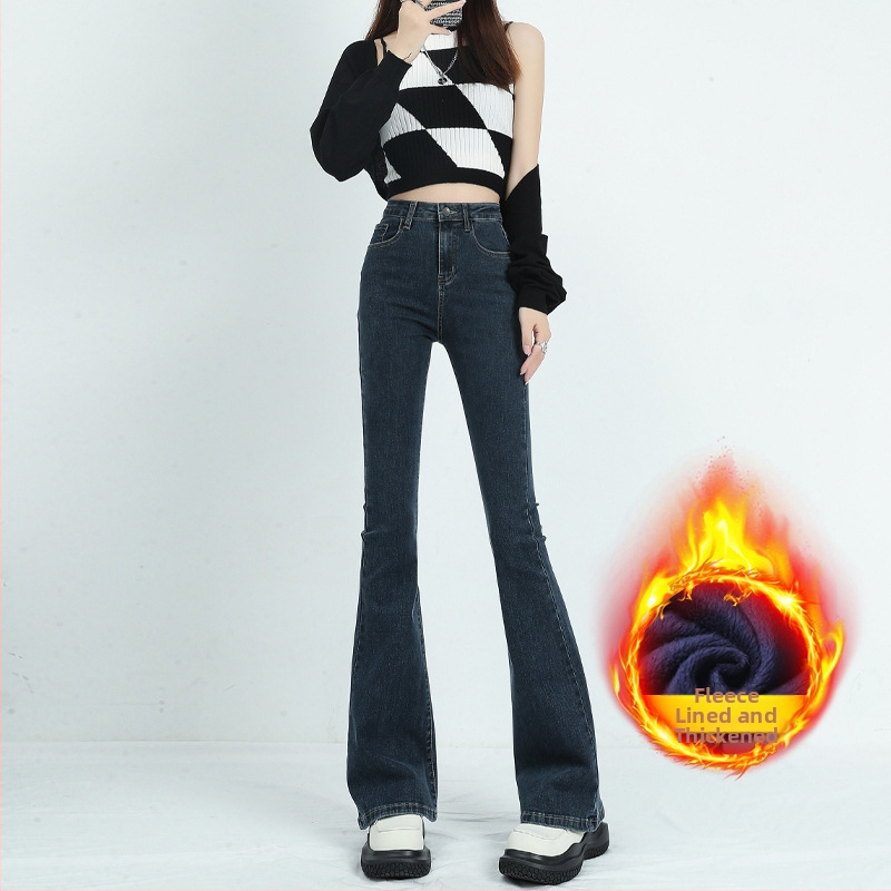 Τζιν από ντένιμ με υψηλή μέση, ελαφρώς φαρδιά γραμμή, με υψηλή ελαστικότητα και επένδυση φλίς για φθινοπωρινό/χειμερινό