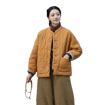 Moteriška budizmo stiliaus striukė su Kinijos nacionaliniu stiliumi, ramie-pamuko mišinys, užpildyta medvilne, žiema 2025