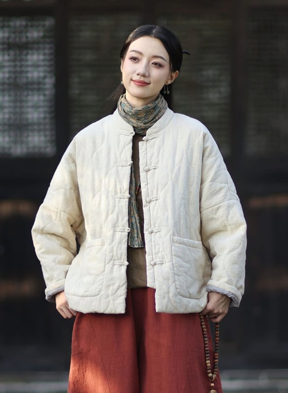 Moteriška budizmo stiliaus striukė su Kinijos nacionaliniu stiliumi, ramie-pamuko mišinys, užpildyta medvilne, žiema 2025