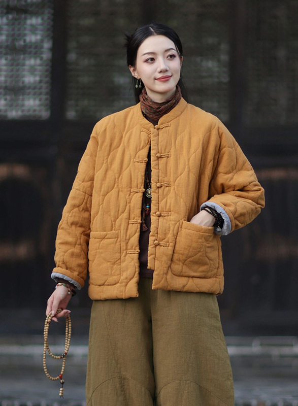 Moteriška budizmo stiliaus striukė su Kinijos nacionaliniu stiliumi, ramie-pamuko mišinys, užpildyta medvilne, žiema 2025