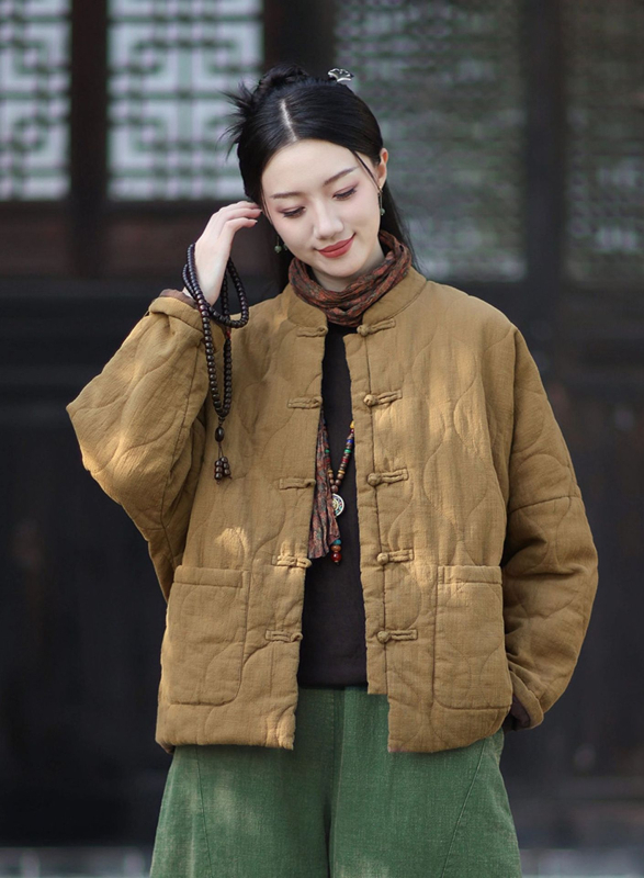 Moteriška budizmo stiliaus striukė su Kinijos nacionaliniu stiliumi, ramie-pamuko mišinys, užpildyta medvilne, žiema 2025