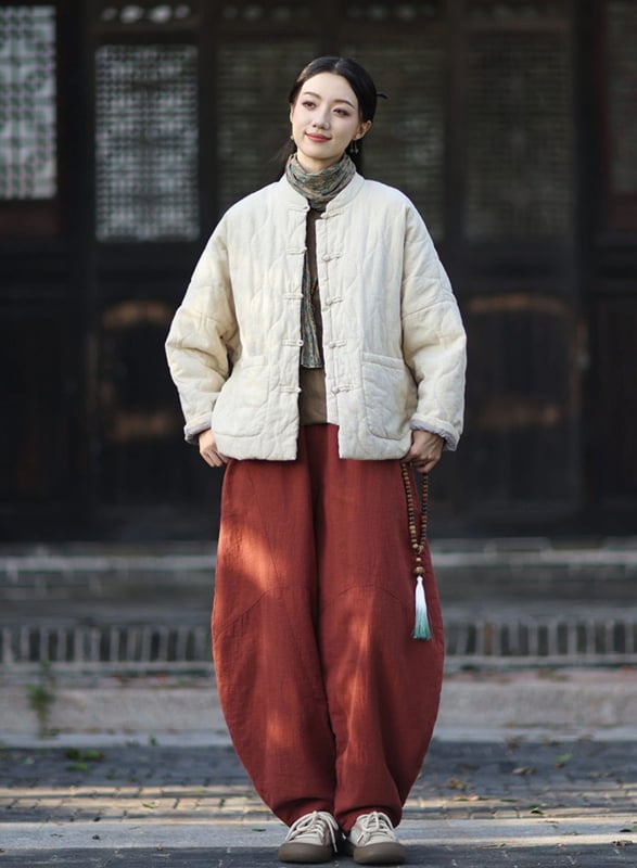 Moteriška budizmo stiliaus striukė su Kinijos nacionaliniu stiliumi, ramie-pamuko mišinys, užpildyta medvilne, žiema 2025