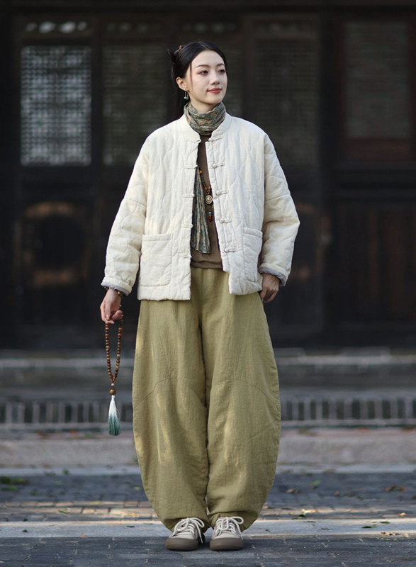 Moteriška budizmo stiliaus striukė su Kinijos nacionaliniu stiliumi, ramie-pamuko mišinys, užpildyta medvilne, žiema 2025