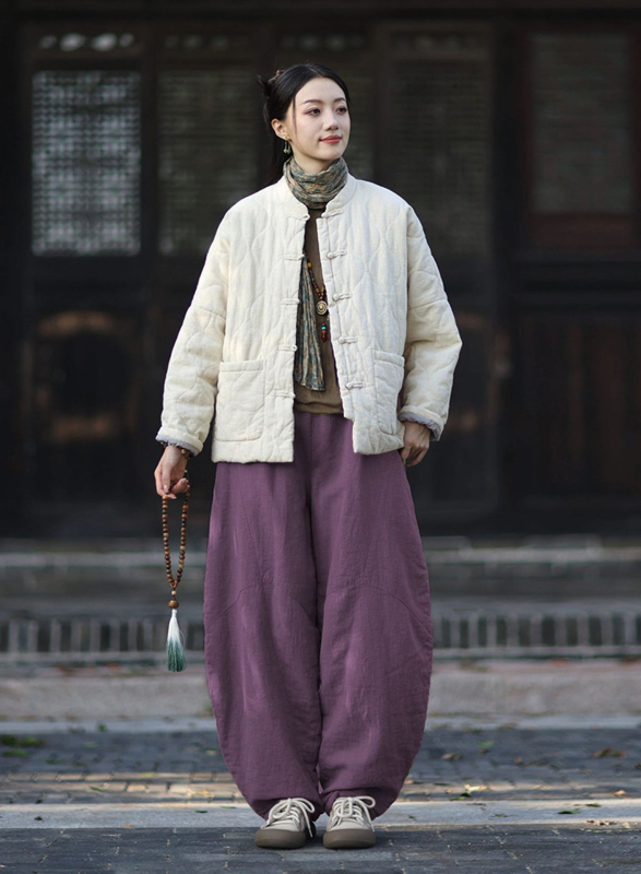 Moteriška budizmo stiliaus striukė su Kinijos nacionaliniu stiliumi, ramie-pamuko mišinys, užpildyta medvilne, žiema 2025