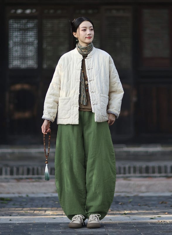 Moteriška budizmo stiliaus striukė su Kinijos nacionaliniu stiliumi, ramie-pamuko mišinys, užpildyta medvilne, žiema 2025