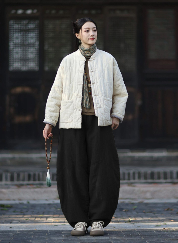 Moteriška budizmo stiliaus striukė su Kinijos nacionaliniu stiliumi, ramie-pamuko mišinys, užpildyta medvilne, žiema 2025