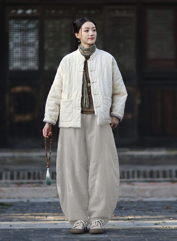 Moteriška budizmo stiliaus striukė su Kinijos nacionaliniu stiliumi, ramie-pamuko mišinys, užpildyta medvilne, žiema 2025