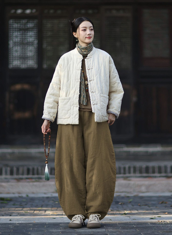 Moteriška budizmo stiliaus striukė su Kinijos nacionaliniu stiliumi, ramie-pamuko mišinys, užpildyta medvilne, žiema 2025