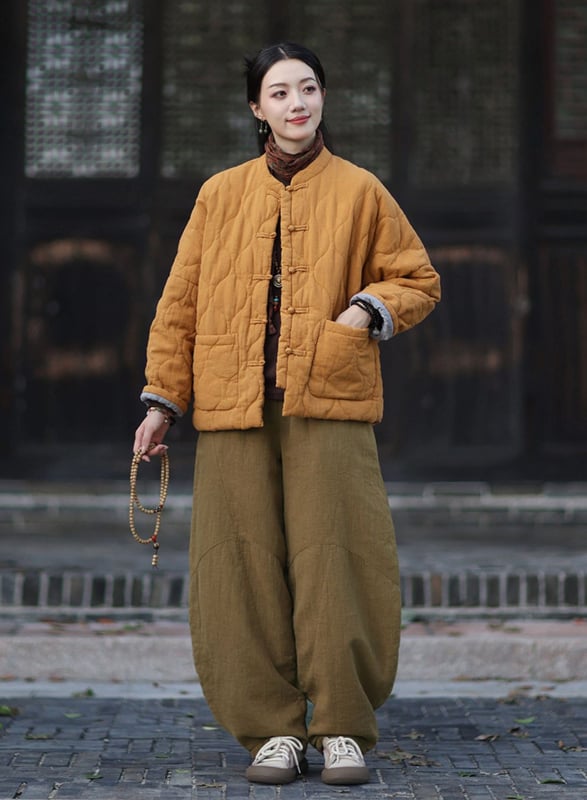 Moteriška budizmo stiliaus striukė su Kinijos nacionaliniu stiliumi, ramie-pamuko mišinys, užpildyta medvilne, žiema 2025