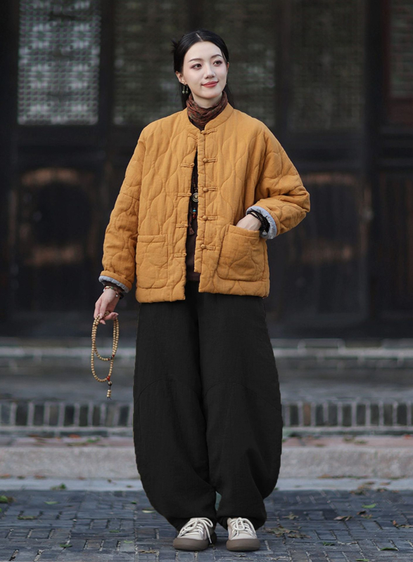 Moteriška budizmo stiliaus striukė su Kinijos nacionaliniu stiliumi, ramie-pamuko mišinys, užpildyta medvilne, žiema 2025