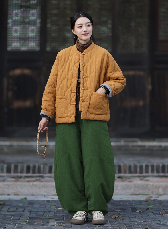 Moteriška budizmo stiliaus striukė su Kinijos nacionaliniu stiliumi, ramie-pamuko mišinys, užpildyta medvilne, žiema 2025