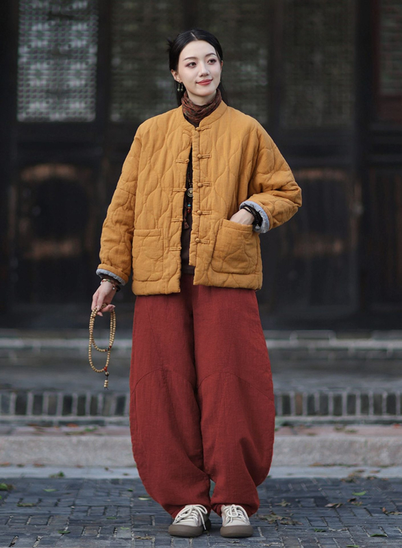 Moteriška budizmo stiliaus striukė su Kinijos nacionaliniu stiliumi, ramie-pamuko mišinys, užpildyta medvilne, žiema 2025