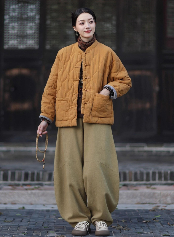 Moteriška budizmo stiliaus striukė su Kinijos nacionaliniu stiliumi, ramie-pamuko mišinys, užpildyta medvilne, žiema 2025